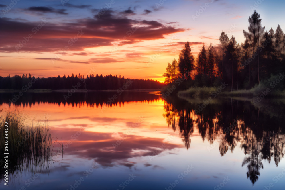 A lake with a sunset in the background Generative Ai A lake with a sunset in the background Generative Ai