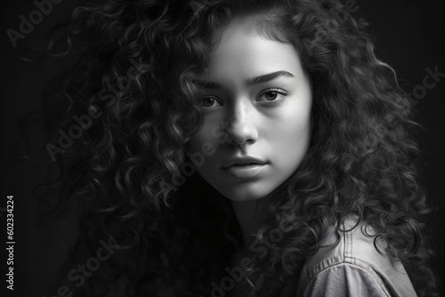 A black and white portrait of a woman with curly hair isolated on a black background Generative Ai