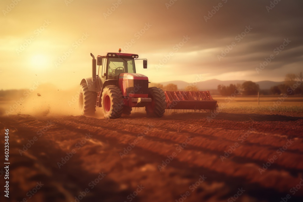 Obraz premium Tractor cultivating field at spring. Generative Ai 