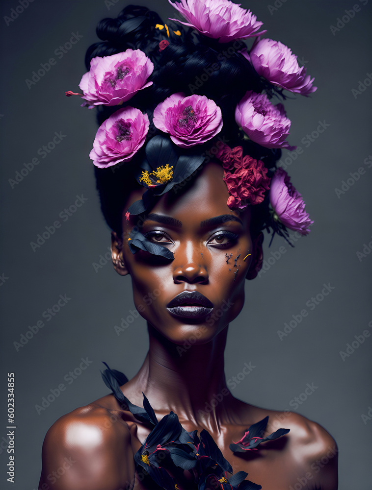 The beauty of a fictitious black woman impregnated with tropical flowers. Generative art. Created with Generative AI The beauty of a fictitious black woman impregnated with tropical flowers. Generative art. Created with Generative AI