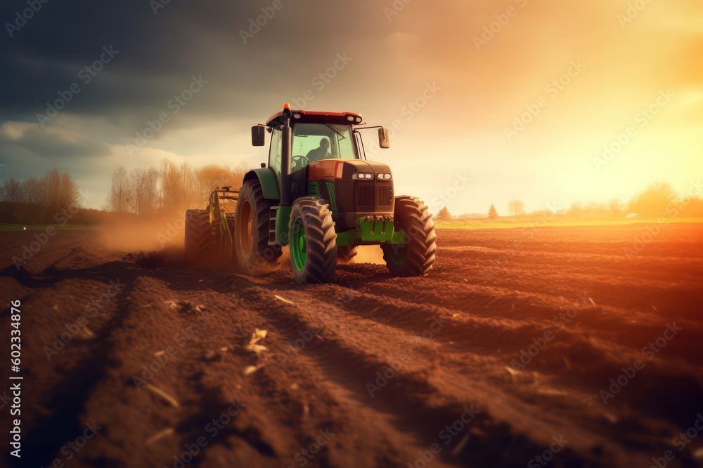 green tractor plowing cereal field. Generative Ai green tractor plowing cereal field. Generative Ai