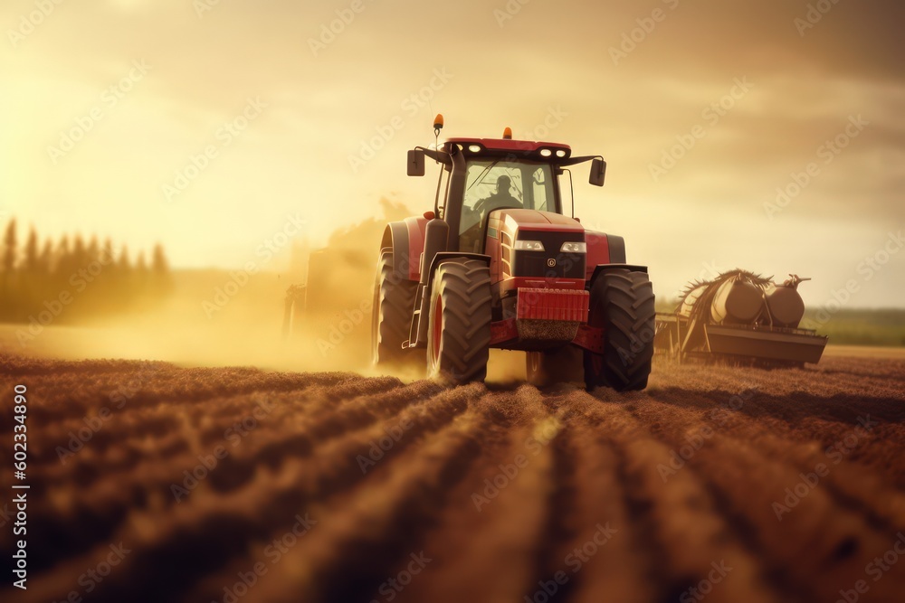 Fototapeta premium Tractor on the barley field by sunset. Generative Ai 