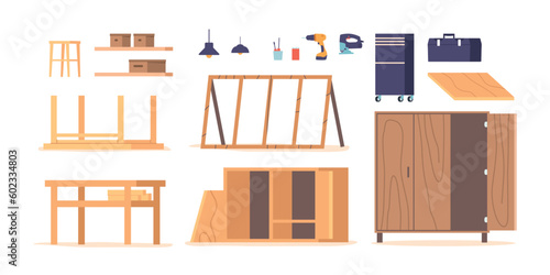 Furniture Assembly Tools Set. Screwdrivers, Wrenches, Hammers, And Pliers, As Well As Various Connectors, Bolts