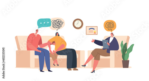 Parents And Child Characters Discuss Emotions And Behavior With A Psychologist. They Work On Communication