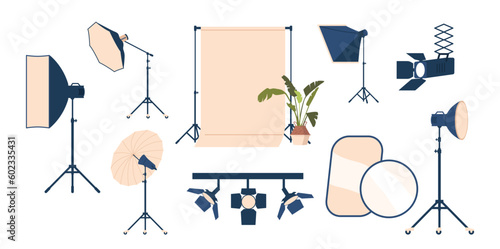 Set of Photo Studio Equipment. Lighting, Backdrop, Tripod, Reflector, Softbox, Diffuser, Strobe, Backstage, Spotlight