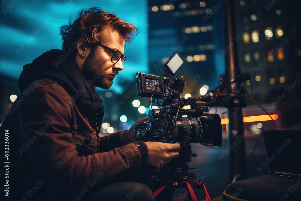young cinematographer working with the camera. Generative Ai young cinematographer working with the camera. Generative Ai