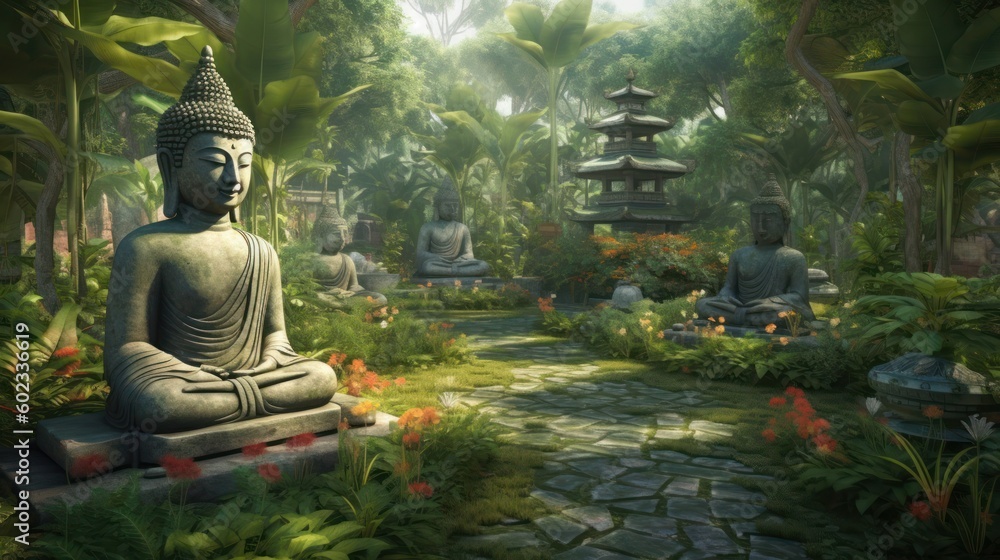 Buddha statue in the garden, generative ai