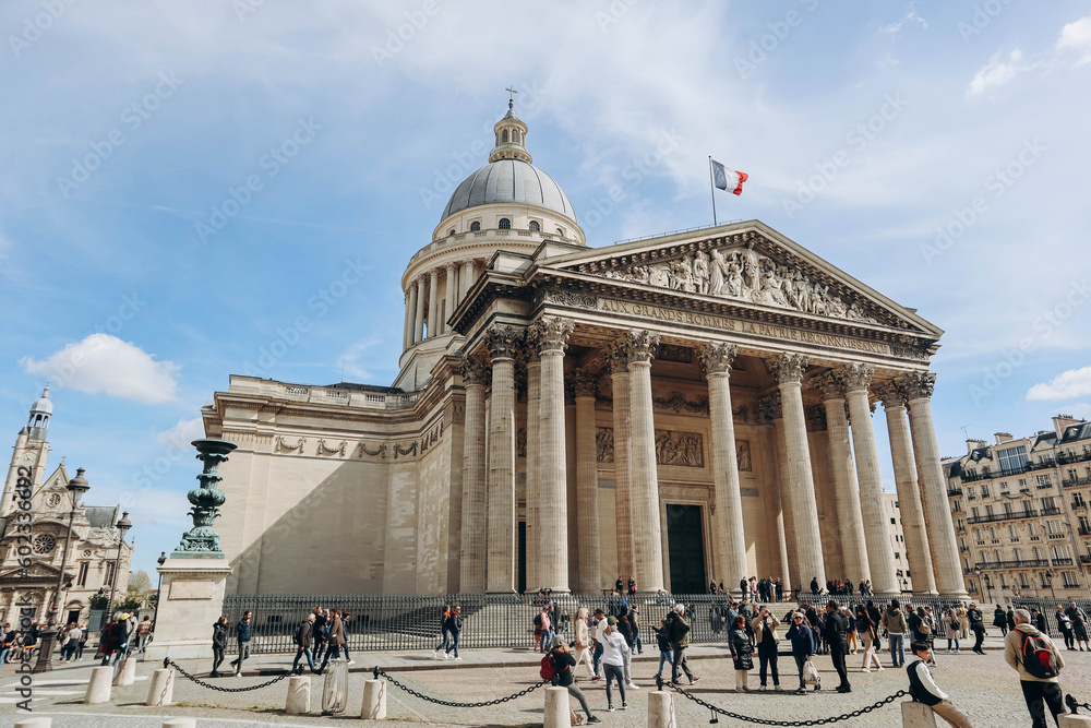 Paris, France - 16 April 2023: The Panthéon, a famous monument in the 5th arrondissement of Paris, France. - obrazy, fototapety, plakaty 