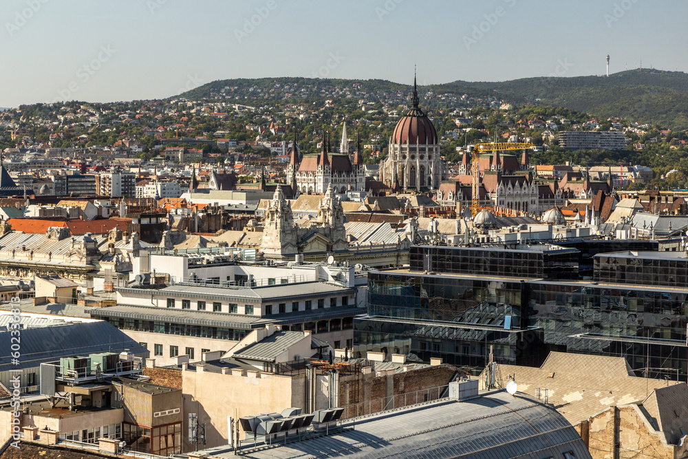 Aerial view of Budapest from St. Stephen's Basilica's cupola, Hungary. Parliament building visible.