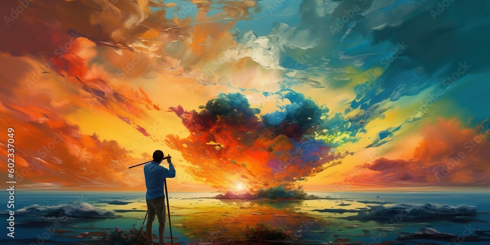 A surreal image of a person painting a vibrant sunset onto the sky, illustrating the power of creativity and imagination, concept of Unleashed inventiveness, created with Generative AI technology