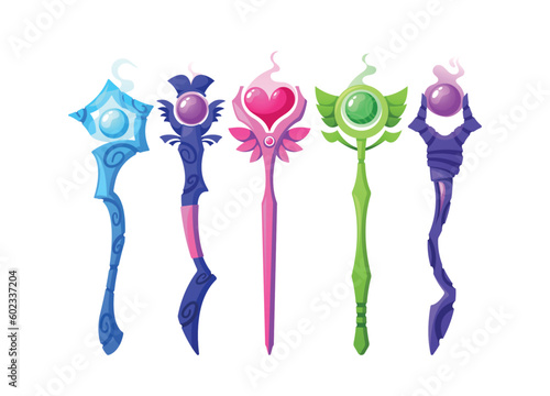 Magic Staff Set. Collection Of Powerful Wooden Wands Adorned With Precious Gems And Symbols, Imbued With Mystical Energy