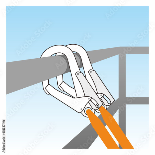 Safety line working at high place vector illustration. Fall arrestor device for worker with double hooks for safety body harness. Working at height equipment.