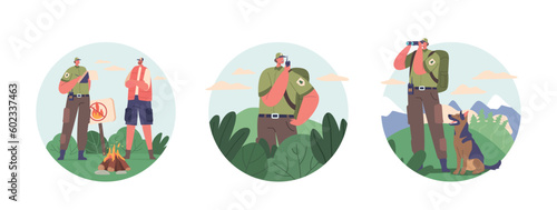 Isolated Round Icons with Forester Ranger Character with Dog Providing National Park Services, Issues Fine For Campfire