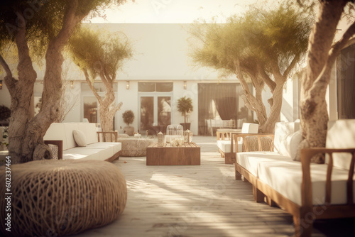 Chillout lounge on terrace with white curtains in a African resort hotel. Photorealistic illustration generative AI. photo