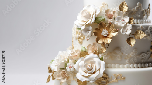 Golden flowers from confectionery mastic on a wedding cake close-up. Photorealistic illustration generative AI. photo