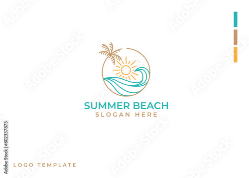 summer beach line art logo vector. palm tree, sun and sea waves icon design