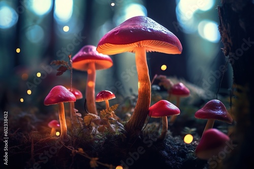 Smooth and Colorful Forest Mushrooms under the Evening Light. Generative AI