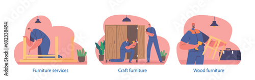 Workers Assembles Wooden Furniture By Following Instructions, Joining Pieces With Screws, Dowels Or Glue