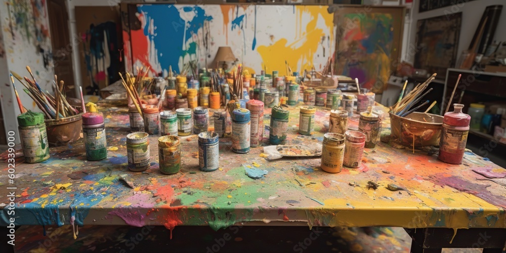A table covered in vibrant paint splatters and brushes, indicating a couples painting class in progress at an art studio, concept of Creative expression, created with Generative AI technology A table covered in vibrant paint splatters and brushes, indicating a couples painting class in progress at an art studio, concept of Creative expression, created with Generative AI technology