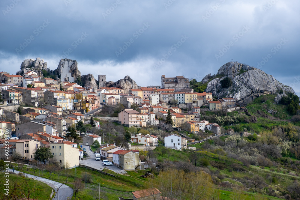 The medieval tower and the church in the village of Pietrabbondante. Isernia, Molise, Italy, Europe.