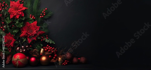 New Year Eve Table Decoration with Christmas Ornaments and Copy Space on a Festive Background. Generative AI illustrations.