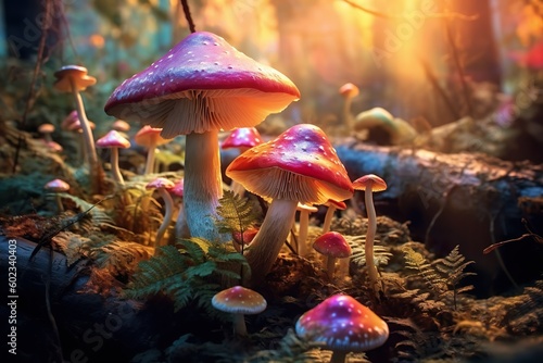 Ethereal Evening Scene of Mushrooms in a Forest. Generative AI