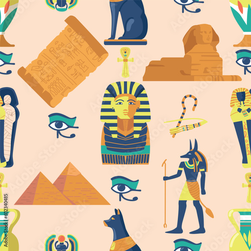 Seamless Pattern With Ancient Egypt Elements Features Pharaohs, Pyramids, Hieroglyphs, Scarabs, And Other Symbols