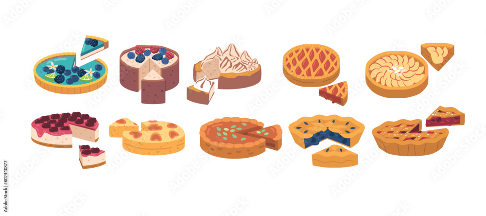 Set of Multiple Pies With One Slice Cut Out To Reveal The Filling Inside. Each Pie Has A Unique And Delectable Flavor Set of Multiple Pies With One Slice Cut Out To Reveal The Filling Inside. Each Pie Has A Unique And Delectable Flavor