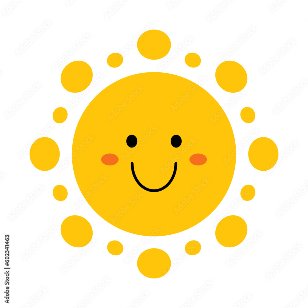 Fototapeta premium Vector smiling sun in flat design. Funny sun with face. Childish cute sunshine emoji. Simple kawaii sun with round sunbeams. Baby sunshine with blush.