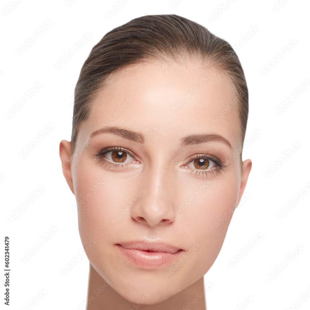 Portrait, natural beauty and woman with self care, cosmetics and girl isolated on white studio background. Clean face, female person or model with dermatology, organic facial or wellness with routine Portrait, natural beauty and woman with self care, cosmetics and girl isolated on white studio background. Clean face, female person or model with dermatology, organic facial or wellness with routine