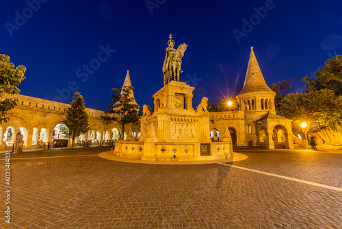 Evening view of Saint Stephen monument at the Fisherman's Bastion at Buda castle in Budapest, Hungary