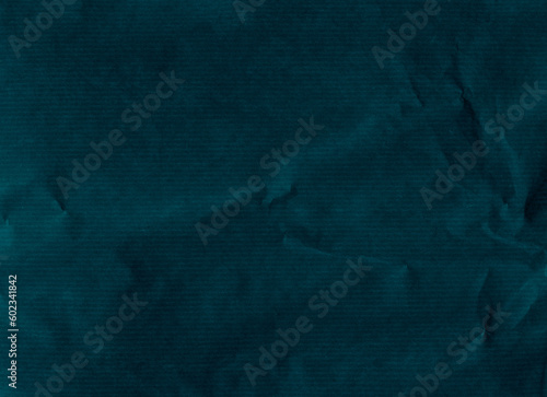 Wrinkled overlay. Ribbed paper texture. Crumpled noise. Teal blue color creased worn surface with dust scratches on dark illustration abstract background.