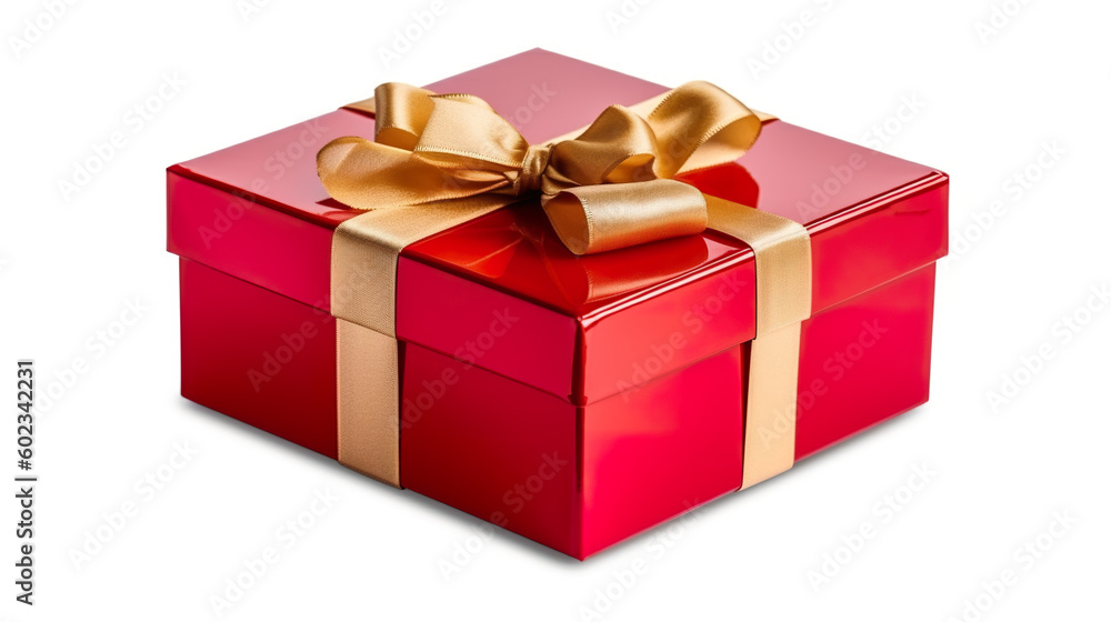 A red gift box with a gold bow. Generative AI. A red gift box with a gold bow. Generative AI.