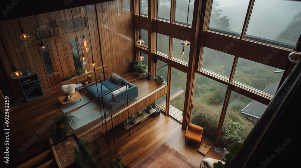 The view from the second floor towards the interior living room of a house built on the slope of a hill. The view outside is thin fog. The interior of the house uses a lot of wood materials. The view from the second floor towards the interior living room of a house built on the slope of a hill. The view outside is thin fog. The interior of the house uses a lot of wood materials.