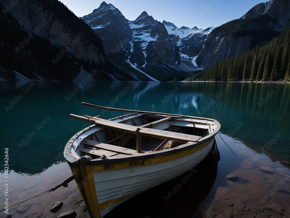 a boat is sitting on the shore of a mountains. ai generative