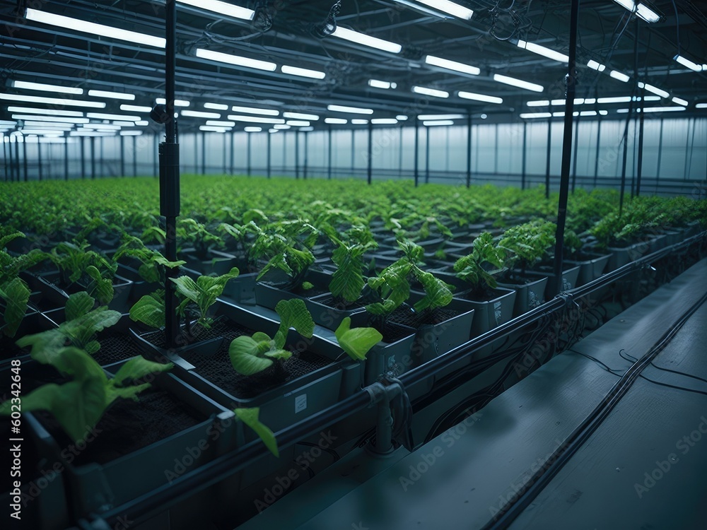 A robotic arm gathers lettuce in a greenhouse. ai generative