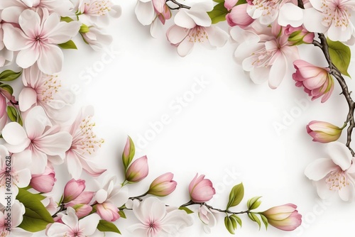 Expressive Spring Floral Frame on a Clean White Background  spring flowers frame. Generative AI.