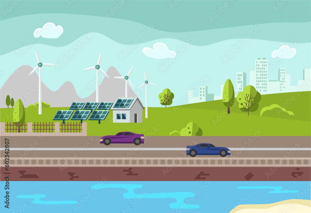 illustration of clean electric energy from renewable sources sun and wind. Power plant station with solar panels and wind turbines on city skyline urban landscape background. illustration of clean electric energy from renewable sources sun and wind. Power plant station with solar panels and wind turbines on city skyline urban landscape background.