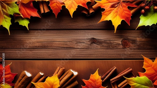 Autumn Bliss: A Cozy Seasonal Arrangement of Leaves, Pumpkins, and Cinnamon on a Rustic Wood Background photo
