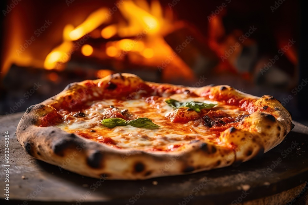 Fresh baked pizza closeup, traditional wood fired oven background. Generative AI Fresh baked pizza closeup, traditional wood fired oven background. Generative AI