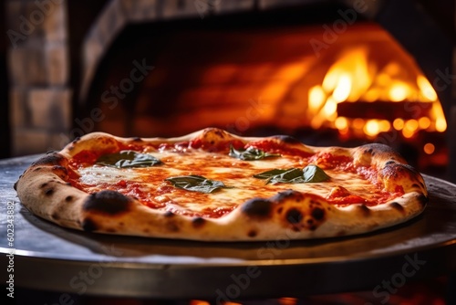 Fresh baked pizza closeup  traditional wood fired oven background. Generative AI