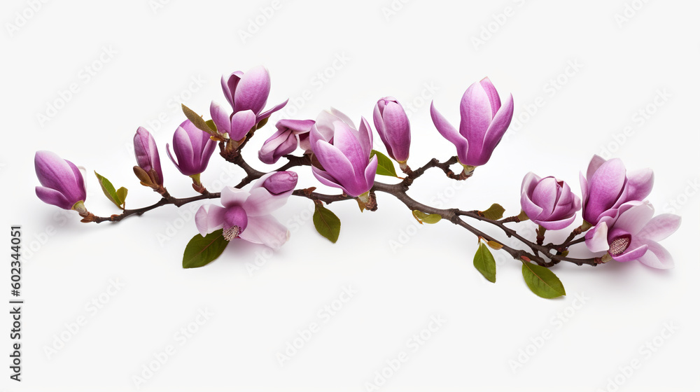 A branch of purple flowers on a white background. Generative AI. A branch of purple flowers on a white background. Generative AI.