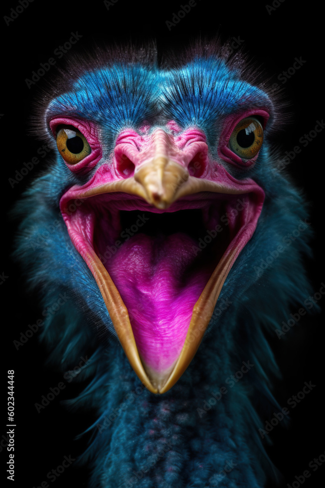 Neon ostrich, a close up of an ostrich's face with its mouth open. Generative AI.