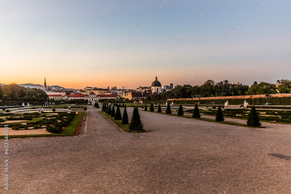 Evening view of Belvedere palace garden in Vienna, Austria