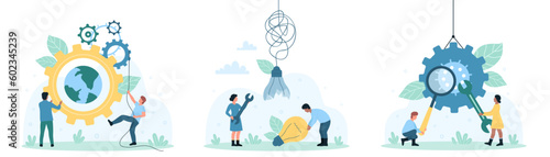 Tech support service set vector illustration. Cartoon tiny people with tools repair broken light bulb and gears, fix mechanism failure or damage, upgrade application settings and access to connection