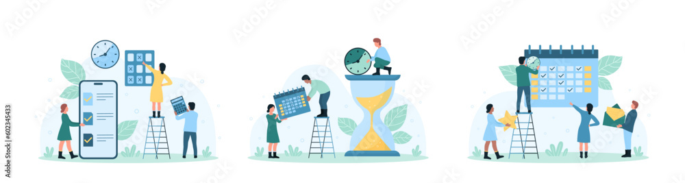 Time management set vector illustration. Cartoon tiny people schedule business tasks of month in calendar timetable, work with priority list to organize important appointment in organizer mobile app - obrazy, fototapety, plakaty 