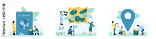 Travel planning set vector illustration. Cartoon tiny people plan route of trip with passport and luggage, find direction to place on paper map, pin and search location with compass and binoculars