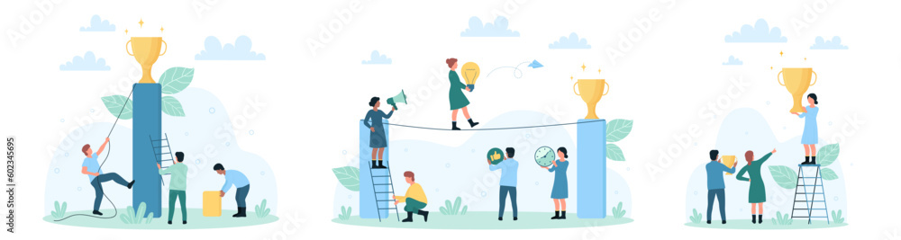 Business people climb for success trophy set vector illustration. Cartoon tiny characters climbing ladder to victory top, champion holding golden award cup and lightbulb, work in team to win prize