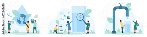 Water quality inspection set vector illustration. Cartoon tiny people study drop sample in glass of water through magnifying glass, control chemical and biological pollution results with equipment