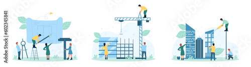 Architect job set vector illustration. Cartoon tiny people drawing paper blueprint project with pencil and compass, engineers work with construction crane and working tools to build model of house